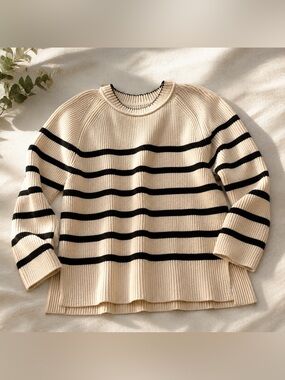 a new day Cream and Black Striped Crew Neck Sweater
